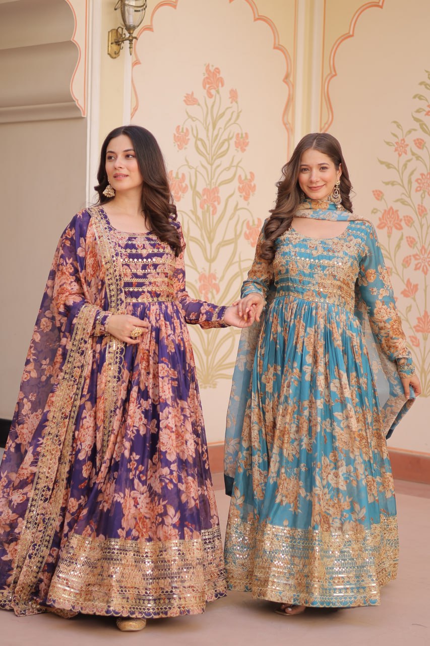 Ruhi Russian Silk Rich Digital Print With Embroidered Sequins Work Gown