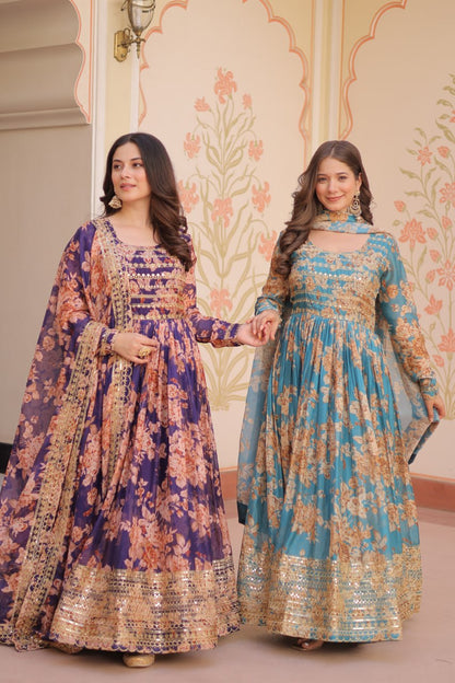 Ruhi Russian Silk Rich Digital Print With Embroidered Sequins Work Gown