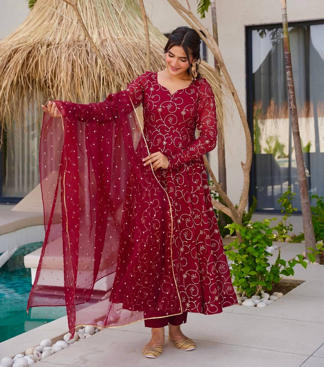 Velour Charm Anarkali Set in Maroon & Gold