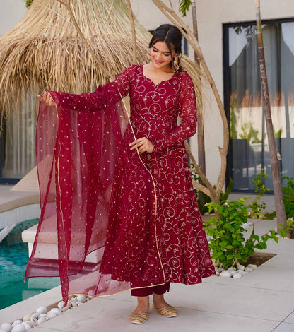 Velour Charm Anarkali Set in Maroon & Gold