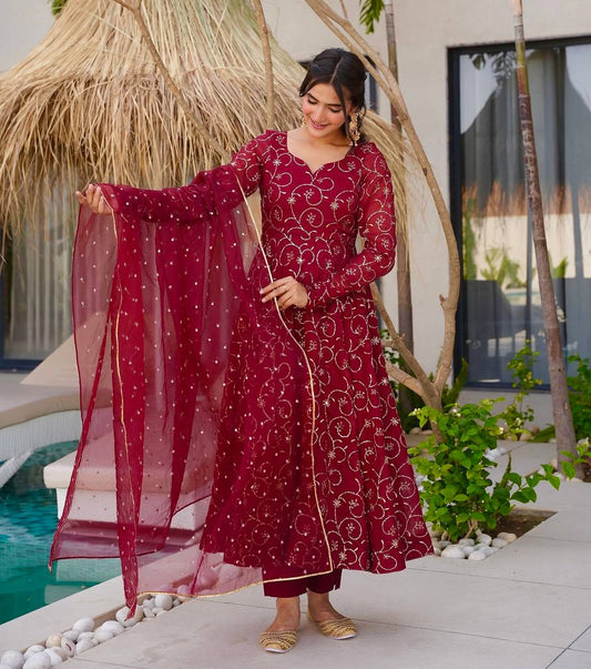 Velour Charm Anarkali Set in Maroon & Gold