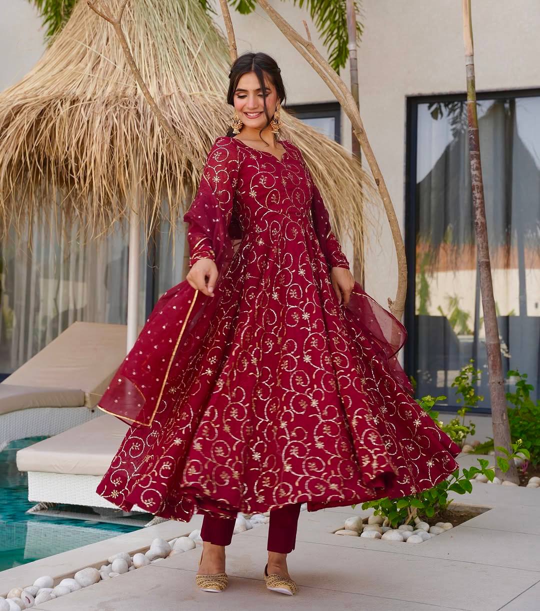Velour Charm Anarkali Set in Maroon & Gold
