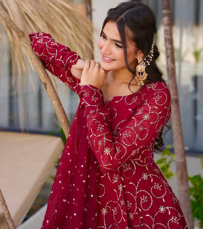 Velour Charm Anarkali Set in Maroon & Gold