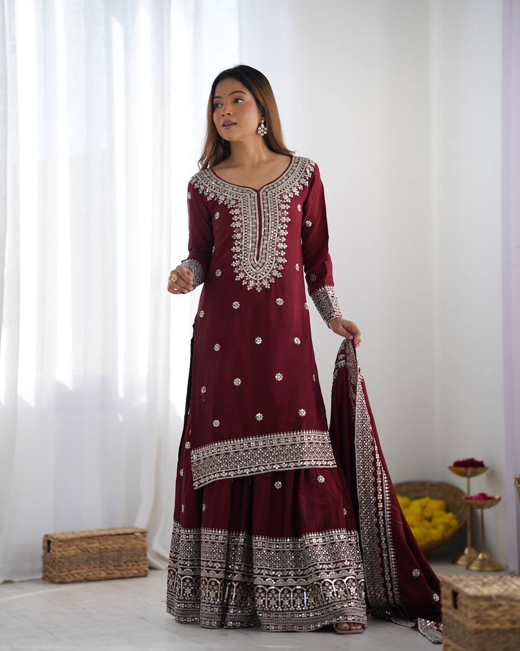 A Symphony of Ethnic Elegance Maroon And White  Shararas