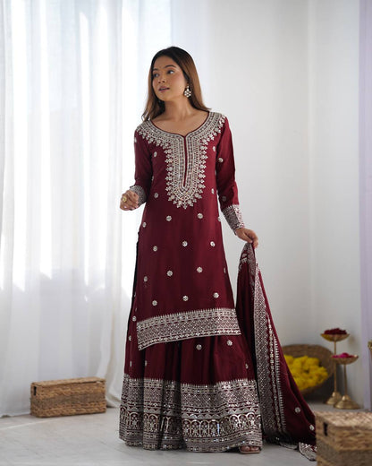 A Symphony of Ethnic Elegance Maroon And White  Shararas