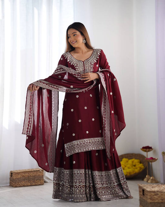 A Symphony of Ethnic Elegance Maroon And White  Shararas