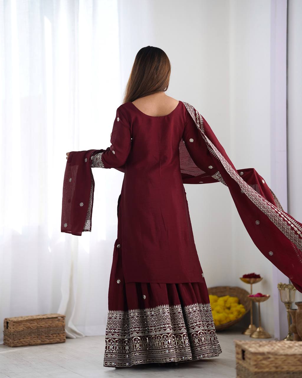 A Symphony of Ethnic Elegance Maroon And White  Shararas