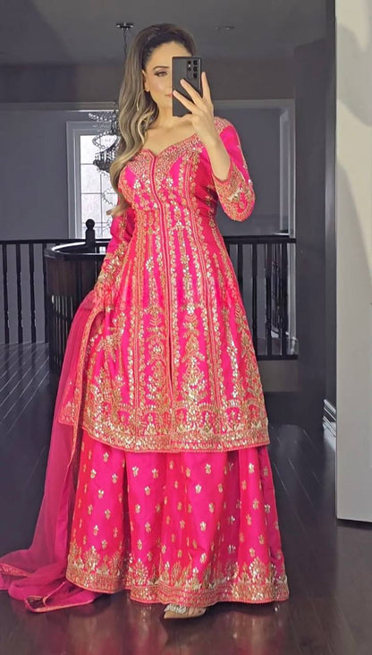 Stunning Pink Embroidered Plazzo Set – Perfect Festive Elegance