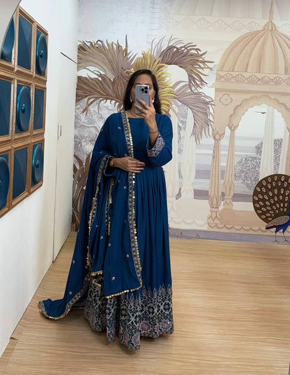 Noor-e-Neelam Royal Teal Bloom Rayon Floral Flare Anarkali