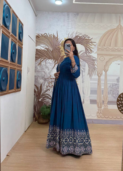 Noor-e-Neelam Royal Teal Bloom Rayon Floral Flare Anarkali