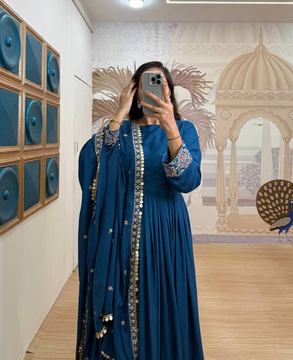 Noor-e-Neelam Royal Teal Bloom Rayon Floral Flare Anarkali