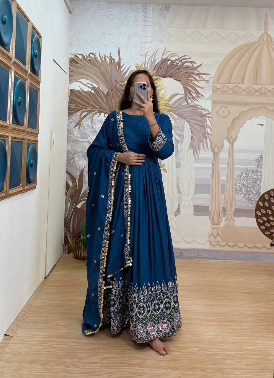 Noor-e-Neelam Royal Teal Bloom Rayon Floral Flare Anarkali