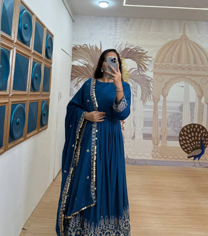 Noor-e-Neelam Royal Teal Bloom Rayon Floral Flare Anarkali