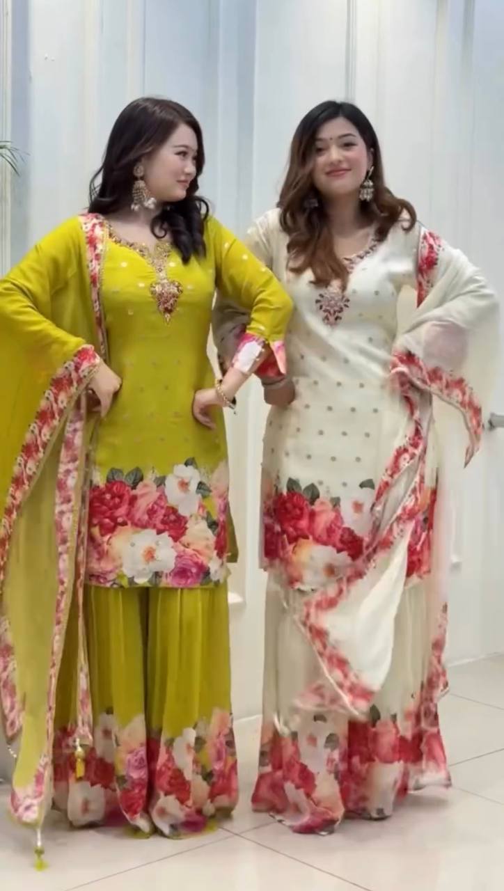 Elegant Floral Sharara Set Vibrant Green & Classic Ivory