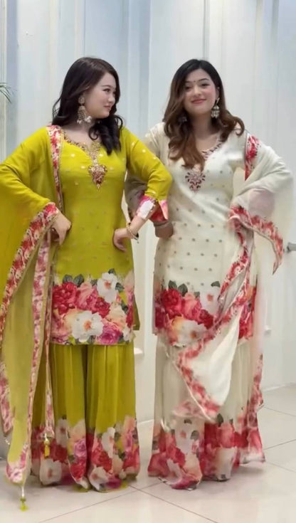 Elegant Floral Sharara Set Vibrant Green & Classic Ivory