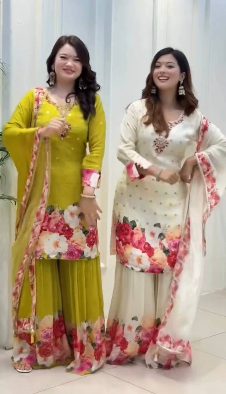 Elegant Floral Sharara Set Vibrant Green & Classic Ivory