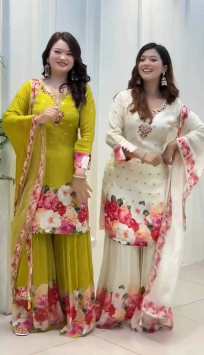 Elegant Floral Sharara Set Vibrant Green & Classic Ivory