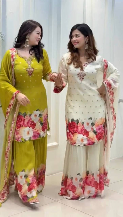 Elegant Floral Sharara Set Vibrant Green & Classic Ivory
