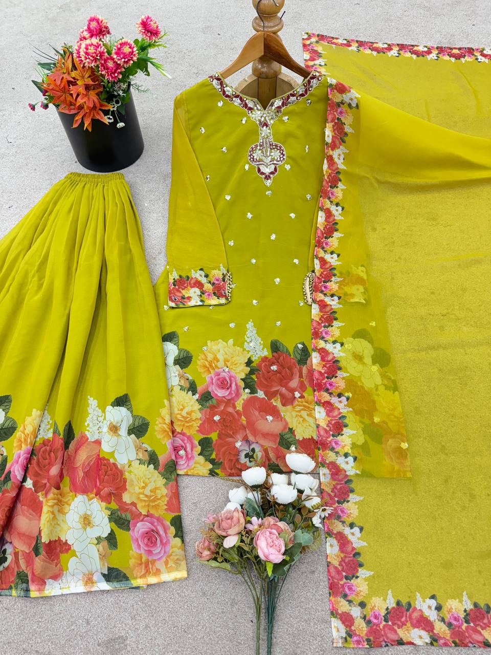 Elegant Floral Sharara Set Vibrant Green & Classic Ivory