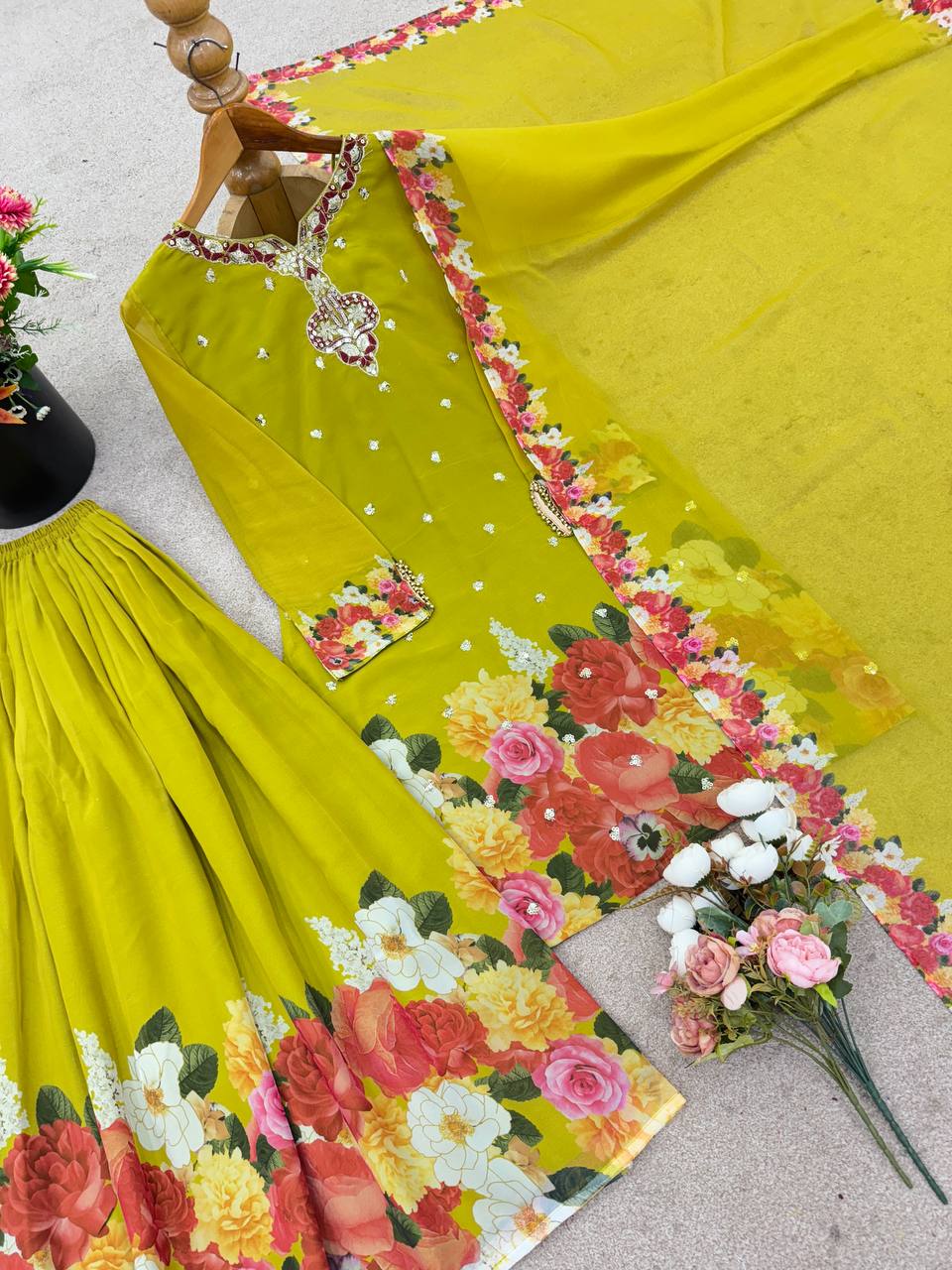 Elegant Floral Sharara Set Vibrant Green & Classic Ivory