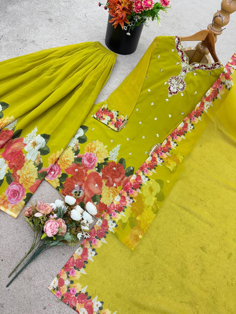 Elegant Floral Sharara Set Vibrant Green & Classic Ivory