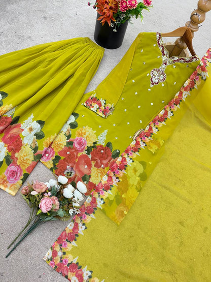 Elegant Floral Sharara Set Vibrant Green & Classic Ivory
