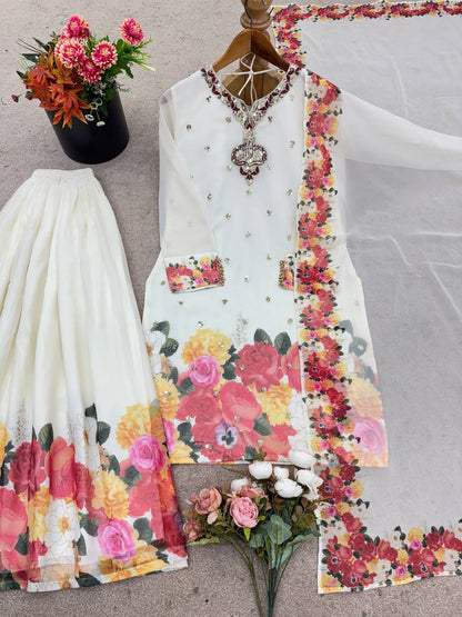 Elegant Floral Sharara Set Vibrant Green & Classic Ivory