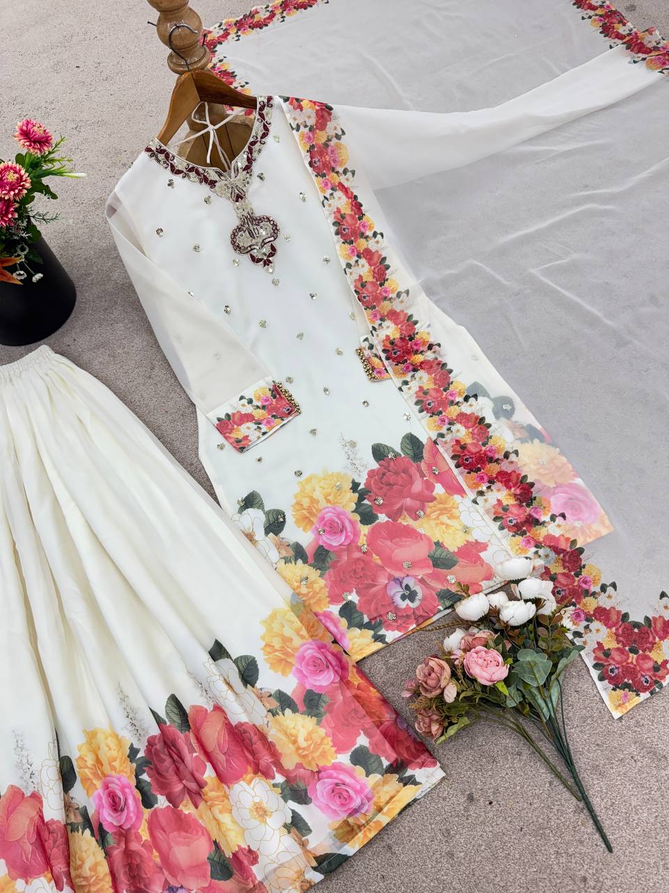 Elegant Floral Sharara Set Vibrant Green & Classic Ivory