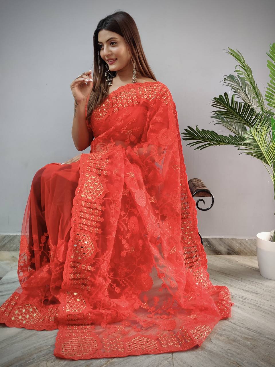 Kriti Heavy Butterfly Net Mirror Work Saree