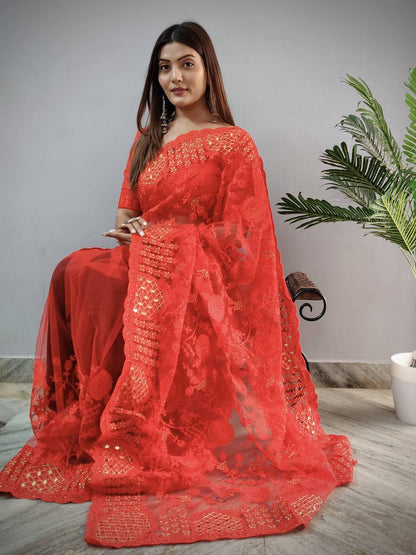 Kriti Heavy Butterfly Net Mirror Work Saree