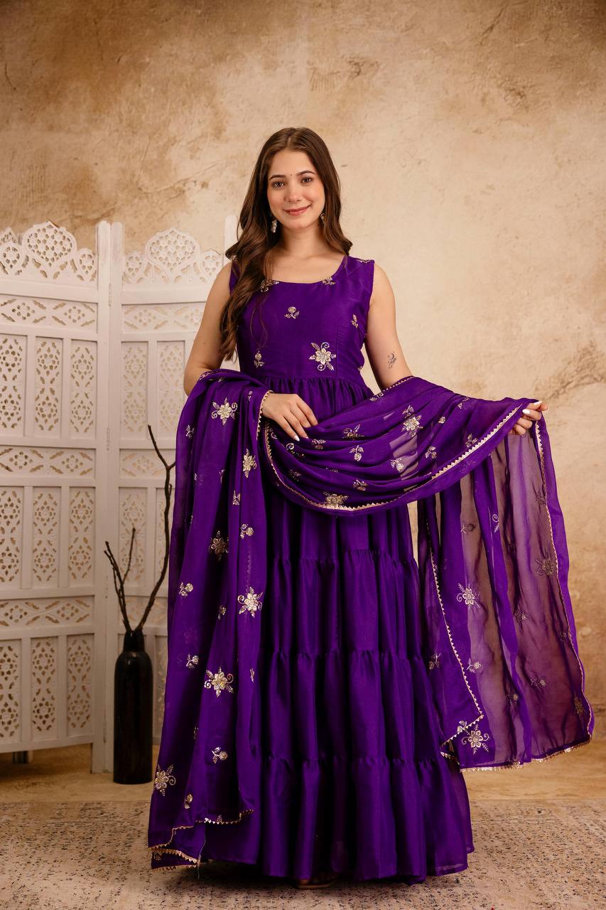Purple Tiered Anarkali Dress with Hand Embroidered Dupatta