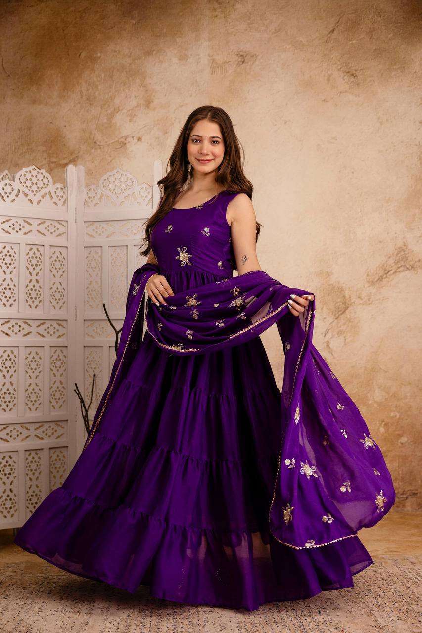 Purple Tiered Anarkali Dress with Hand Embroidered Dupatta