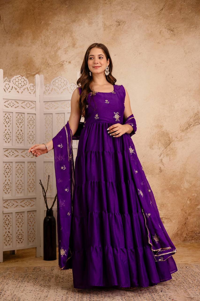 Purple Tiered Anarkali Dress with Hand Embroidered Dupatta