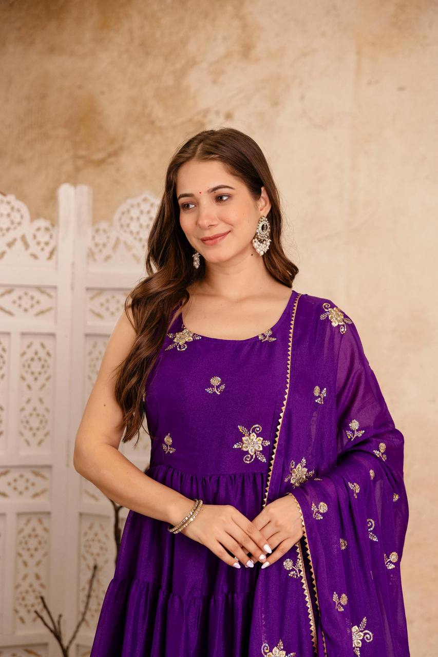Purple Tiered Anarkali Dress with Hand Embroidered Dupatta