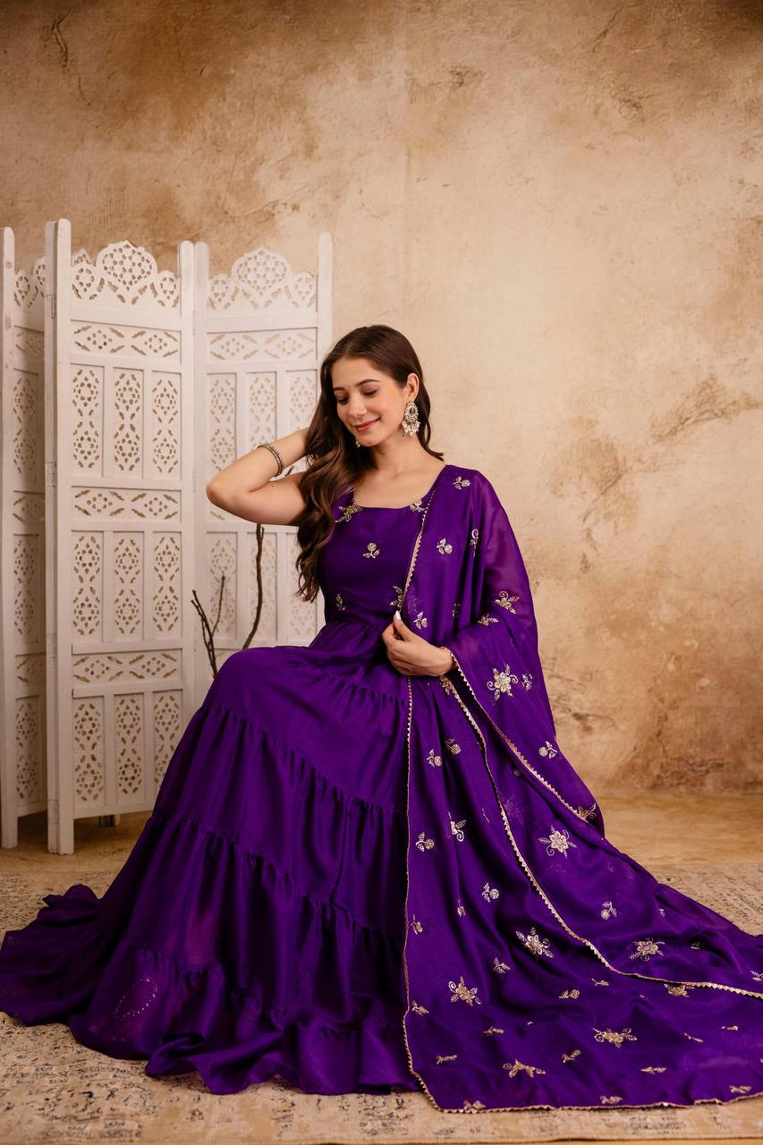 Purple Tiered Anarkali Dress with Hand Embroidered Dupatta