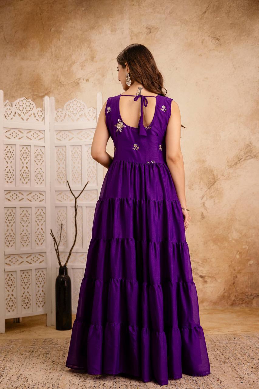 Purple Tiered Anarkali Dress with Hand Embroidered Dupatta