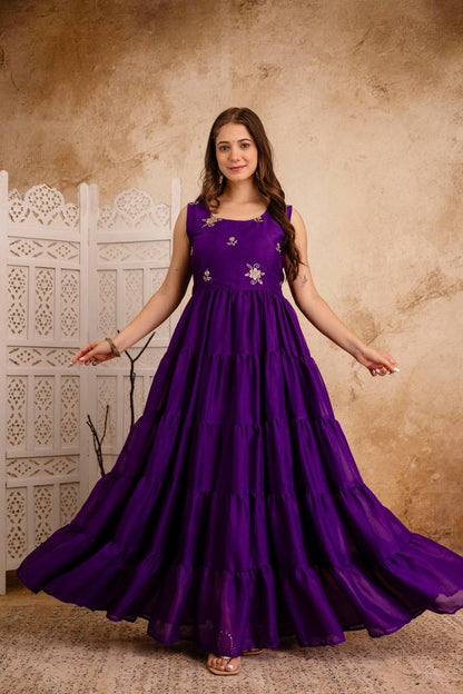 Purple Tiered Anarkali Dress with Hand Embroidered Dupatta