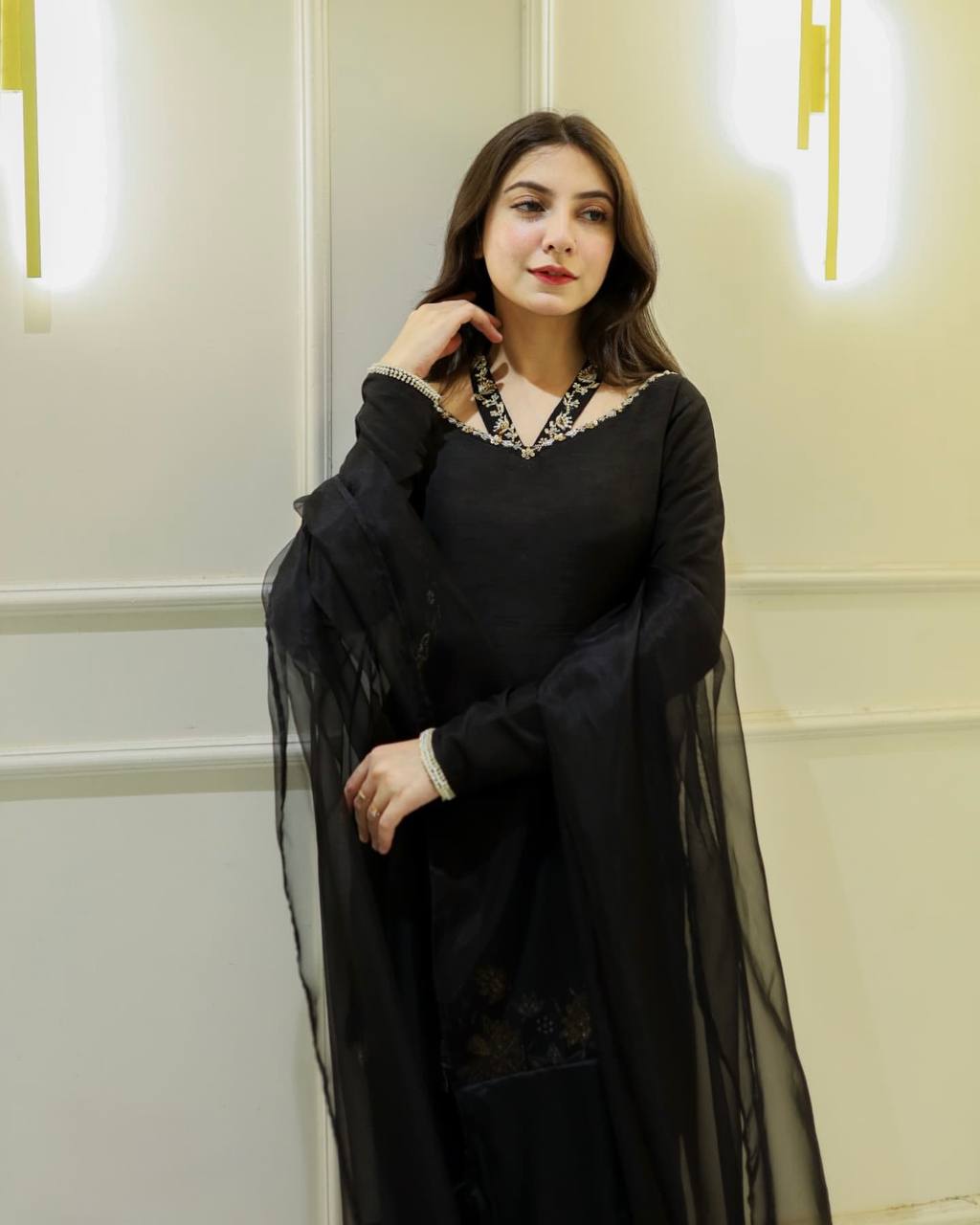 Luxurious Black Outfit with Hand Embroidered Blossoms Suit Set