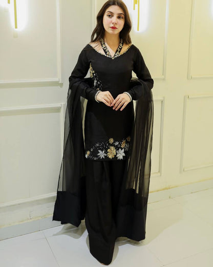 Luxurious Black Outfit with Hand Embroidered Blossoms Suit Set