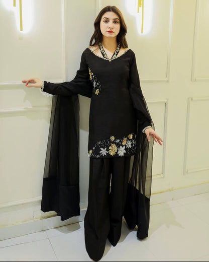 Luxurious Black Outfit with Hand Embroidered Blossoms Suit Set