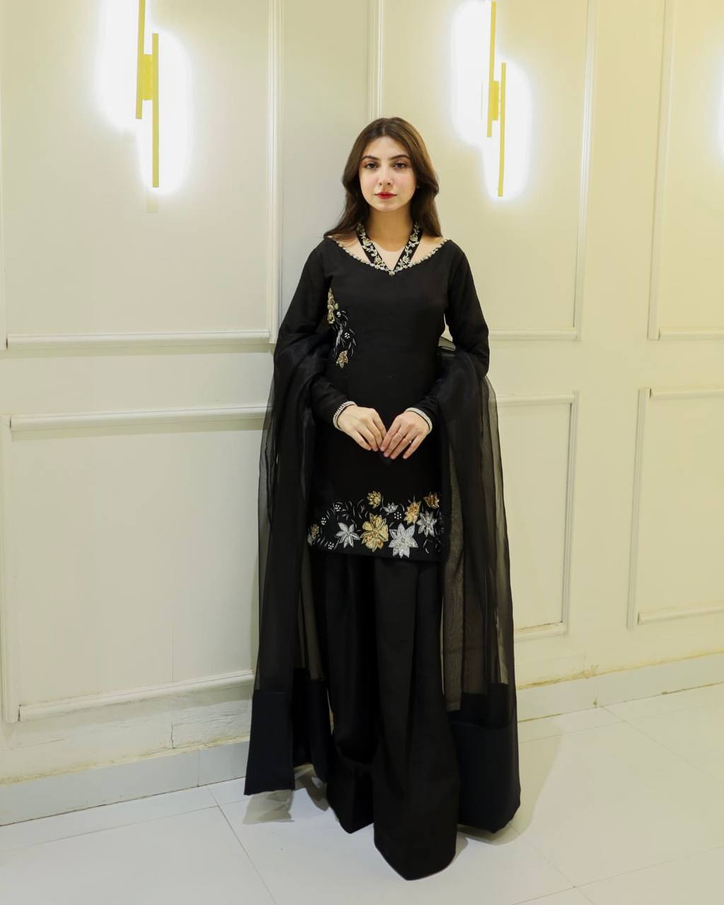 Luxurious Black Outfit with Hand Embroidered Blossoms Suit Set