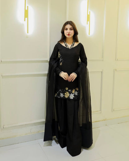 Luxurious Black Outfit with Hand Embroidered Blossoms Suit Set