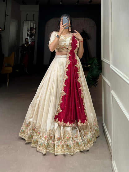 Vichitra Silk Sequins and Thread Embroidery Work Lehenga Choli