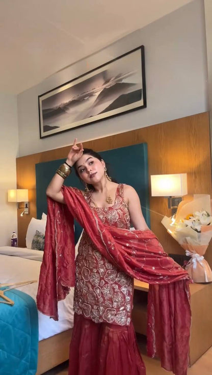 The Majestic Symphony of Rust & Floral Embroidery