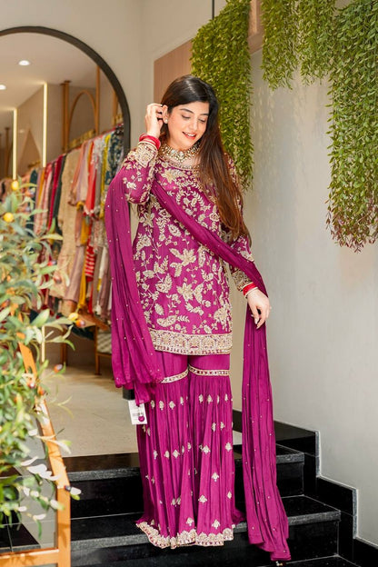 Regal Plum Elegance Handcrafted Embroidered Sharara Set