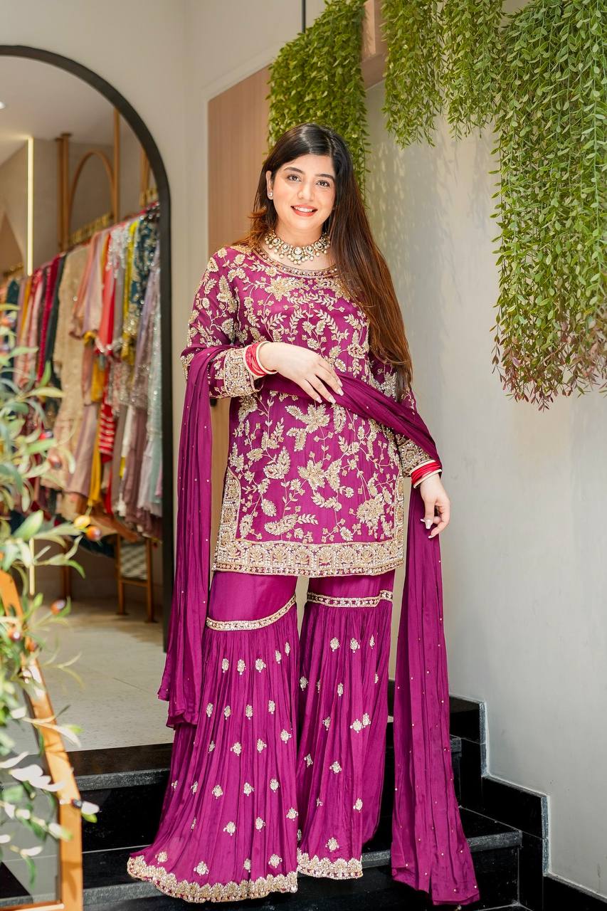 Regal Plum Elegance Handcrafted Embroidered Sharara Set