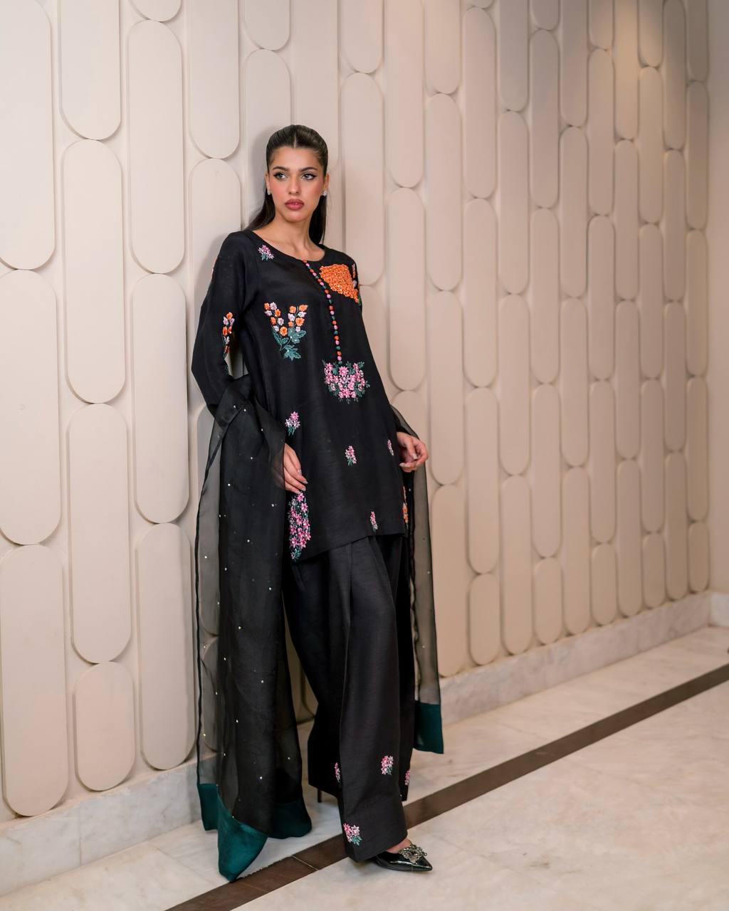 Zehra Colorful Blossom Embroidery & Flowy Grace Designer Black Kurta Set