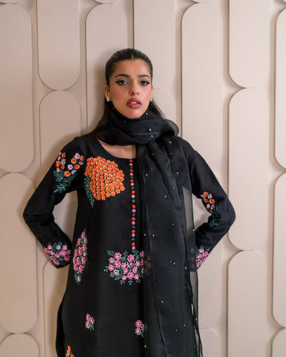Zehra Colorful Blossom Embroidery & Flowy Grace Designer Black Kurta Set