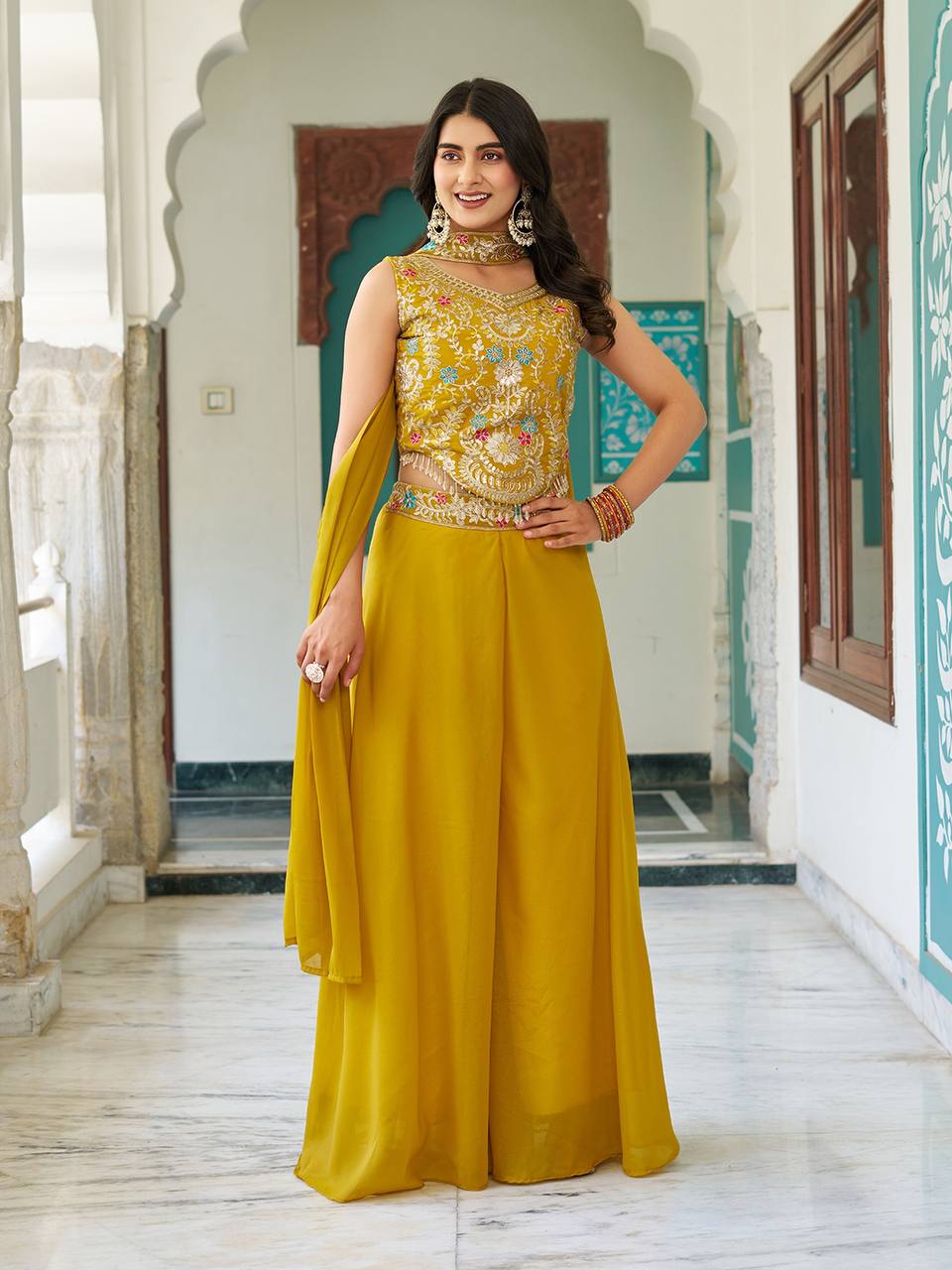 Haldi With Mahendi Modern Divas Palazzo Suit