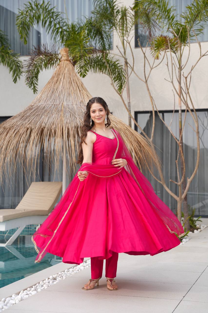 Ravi Rani Pink  Romansilk Chanderi Anarkali